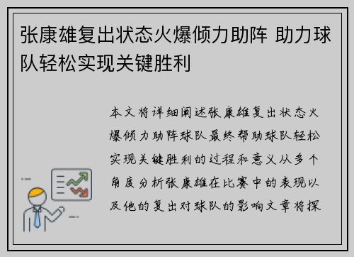张康雄复出状态火爆倾力助阵 助力球队轻松实现关键胜利