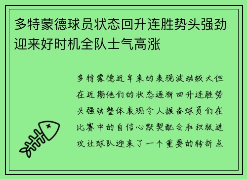 多特蒙德球员状态回升连胜势头强劲迎来好时机全队士气高涨
