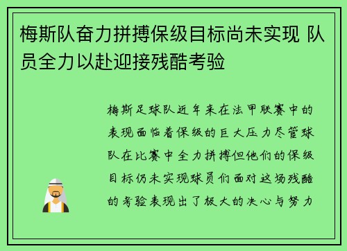 梅斯队奋力拼搏保级目标尚未实现 队员全力以赴迎接残酷考验