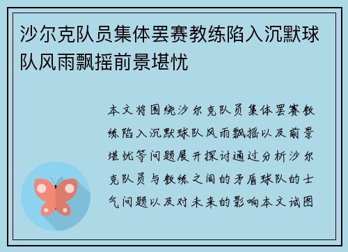 沙尔克队员集体罢赛教练陷入沉默球队风雨飘摇前景堪忧