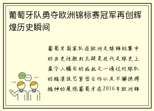 葡萄牙队勇夺欧洲锦标赛冠军再创辉煌历史瞬间