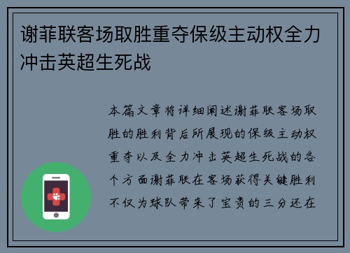 谢菲联客场取胜重夺保级主动权全力冲击英超生死战