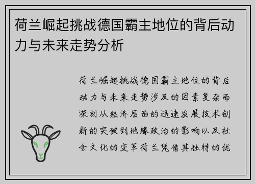 荷兰崛起挑战德国霸主地位的背后动力与未来走势分析