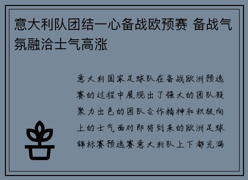 意大利队团结一心备战欧预赛 备战气氛融洽士气高涨