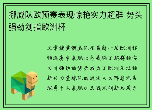 挪威队欧预赛表现惊艳实力超群 势头强劲剑指欧洲杯
