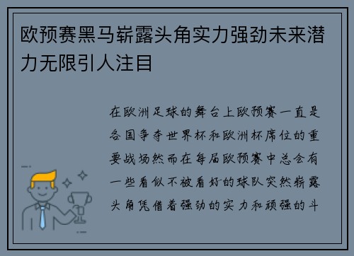 欧预赛黑马崭露头角实力强劲未来潜力无限引人注目