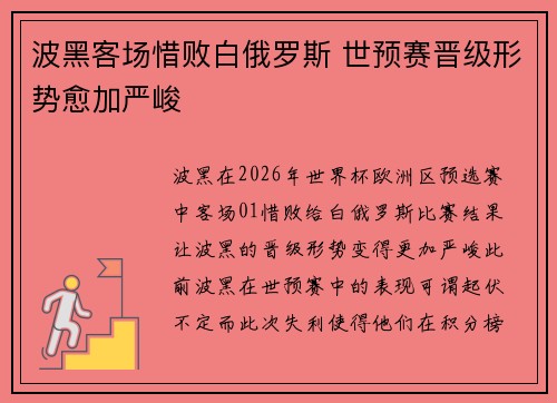 波黑客场惜败白俄罗斯 世预赛晋级形势愈加严峻
